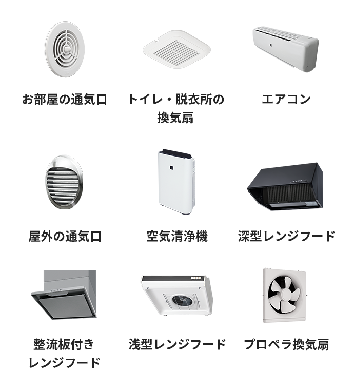 お部屋の通気口 トイレ・脱衣所の換気扇 エアコン 屋外の通気口 空気清浄機 深型レンジフード 整流板付きレンジフード 浅型レンジフード プロペラ換気扇