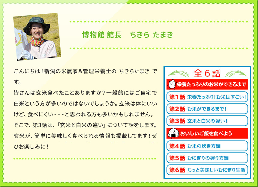 博物館 館長　ちきら たまき こんにちは！新潟の米農家＆管理栄養士の ちきらたまき です。 皆さんは玄米食べたことありますか？一般的にはご自宅で白米という方が多いのではないでしょうか。玄米は体にいいけど、食べにくい・・・と思われる方も多いかもしれません。 そこで、第3話は、「玄米と白米の違い」について話をします。玄米が、簡単に美味しく食べられる情報も掲載してます！ぜひお楽しみに！