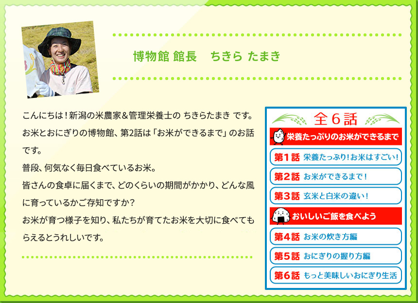 博物館 館長　ちきら たまき こんにちは！新潟の米農家＆管理栄養士の ちきらたまき です。 お米とおにぎりの博物館、第2話は「お米ができるまで」のお話です。 普段、何気なく毎日食べているお米。 皆さんの食卓に届くまで、どのくらいの期間がかかり、どんな風に育っているかご存知ですか？ お米が育つ様子を知り、私たちが育てたお米を大切に食べてもらえるとうれしいです。