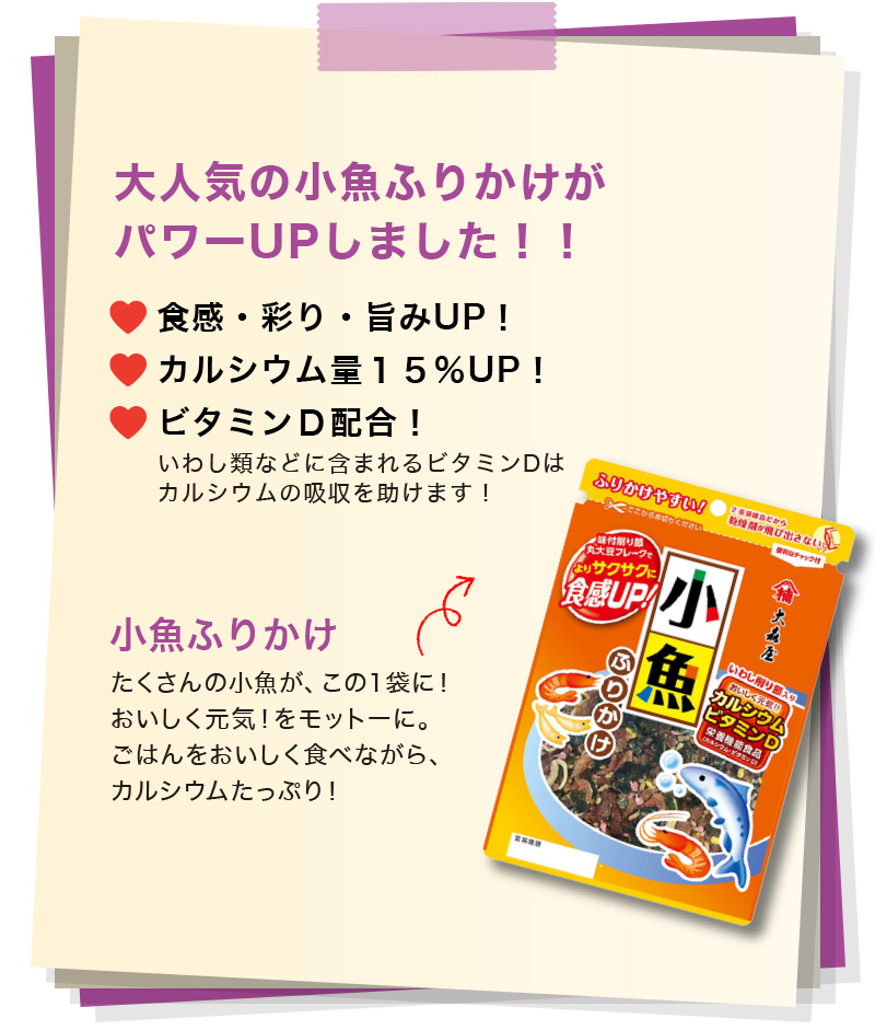 大人気の小魚ふりかけがパワーUPしました！！ 食感・彩り・旨みUP！ カルシウム量１５％UP！ ビタミンＤ配合！ いわし類などに含まれるビタミンDはカルシウムの吸収を助けます！ 小魚ふりかけ たくさんの小魚が、この１袋に！おいしく元気！をモットーに。ごはんをおいしく食べながら、カルシウムたっぷり！