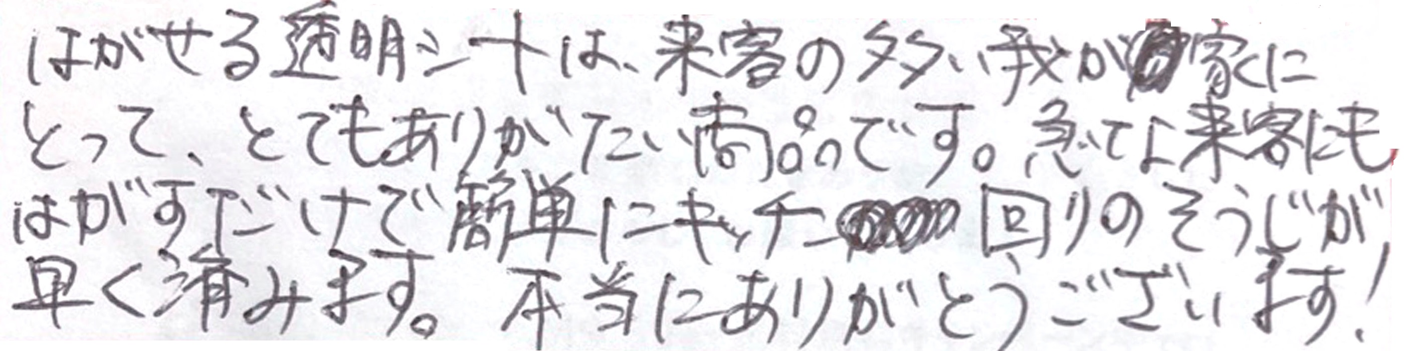 はがせる透明シートは、来客の多い我が家にとって、とてもありがたい商品です。 急な来客にもはがすだけで簡単にキッチン回りのそうじが早く済みます。 本当にありがとうございます！