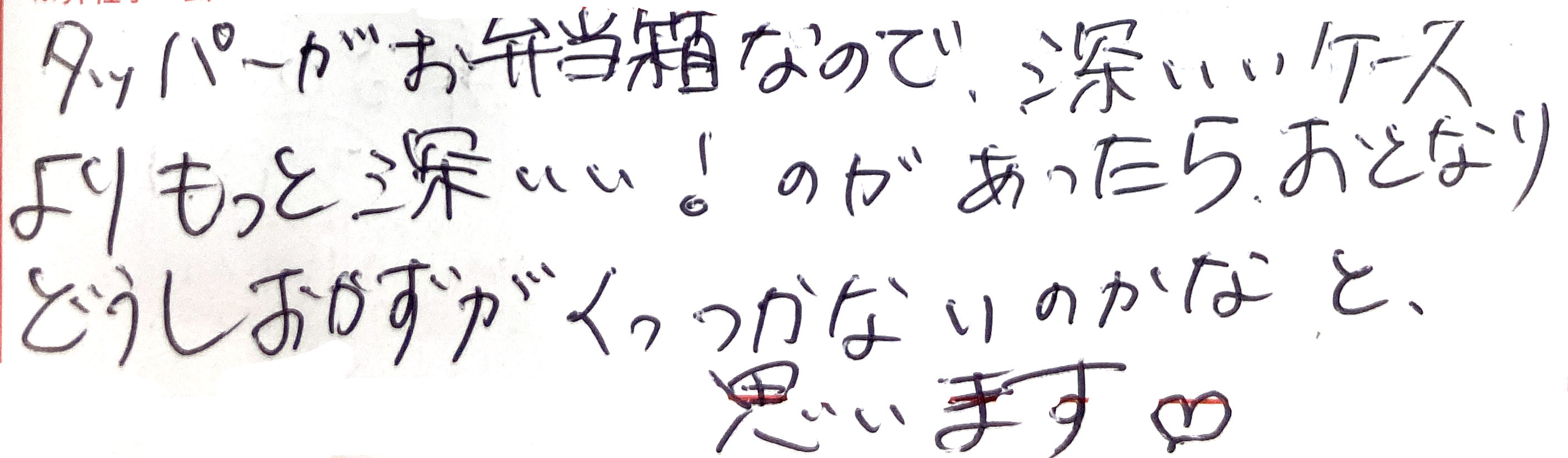 タッパーがお弁当箱なので、深いぃケースよりもっと深いぃ！ のがあったら、おとなりどうしおかずがくっつかないのかなと思います♡