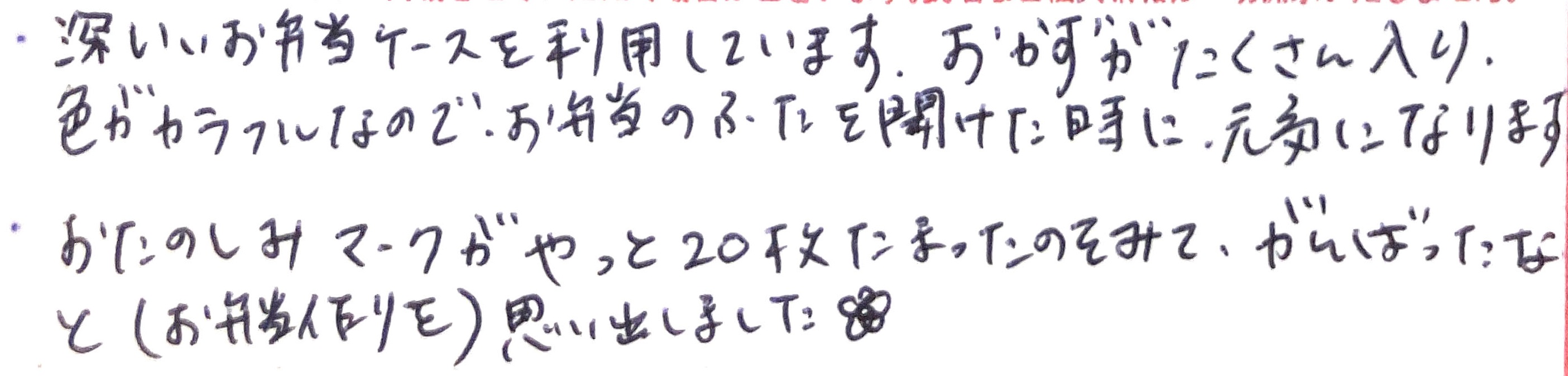 深いぃお弁当ケースを利用しています。 おかずがたくさん入り、色がカラフルなのでお弁当のふたを開けた時に元気になります。　 おたのしみマークがやっと20枚たまったのをみて、がんばったなと(お弁当作りを）思いだしました。