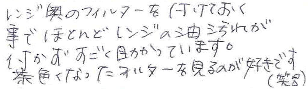 レンジ奥のフィルターを付けておく事で ほとんどレンジの油汚れが付かずすごく助かっています。 茶色くなったフィルターを見るのが好きです（笑）