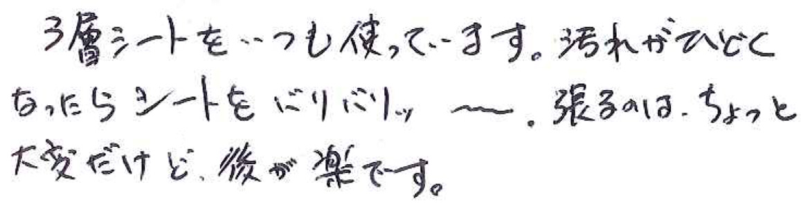 3層シートをいつも使っています。 汚れがひどくなったらシートをバリバリッ引っ張るのは、 ちょっと大変だけど後が楽です。