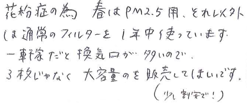 春はPM2.5用、それ以外は通常のフィルターを1年中使っています。