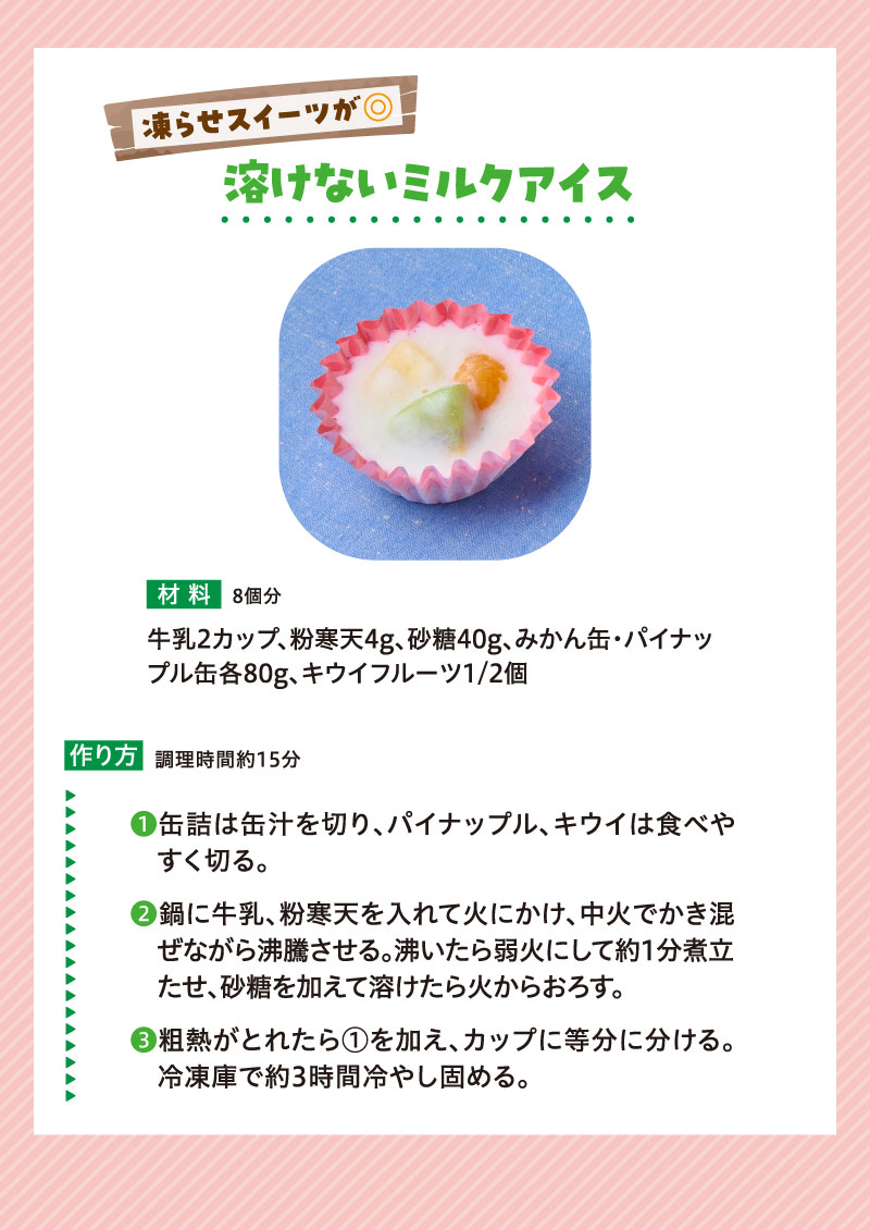 傷みが気になる季節だから少し工夫したレシピで対策
凍らせスイーツで◎溶けないミルクアイス
◆材料（8個分）
牛乳2カップ、粉寒天4g、砂糖40g、みかん缶・パイナップル缶各80g、キウイフルーツ1/2個
◆作り方
１，缶詰は缶汁を切り、パイナップル、キウイは食べやすく切る。
２，鍋に牛乳、粉寒天を入れて火にかけ、中火でかき混ぜながら沸騰させる。沸いたら弱火にして約1分煮立たせ、砂糖を加えて溶けたら火からおろす。
３，粗熱がとれたら１を加え、カップに等分に分ける。冷凍庫で約3時間冷やし固める。
調理時間約15分(※冷やし固める時間は除く)
